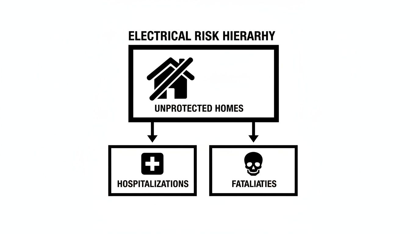 Hierarchy Chart Illustrating Electrical Risks In Unprotected Homes, Leading To Hospitalizations And Fatalities.