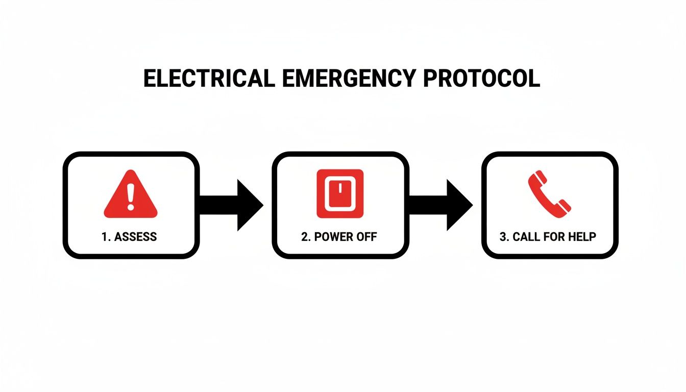 A Flowchart Detailing Electrical Emergency Protocol Steps: 1. Assess, 2. Power Off, 3. Call For Help.
