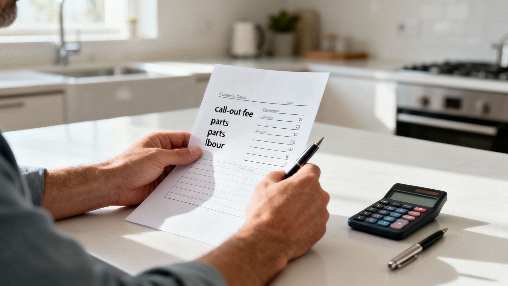 A Person Reviews A Service Bill For Call-Out Fee, Parts, And Labour, With A Calculator Nearby.