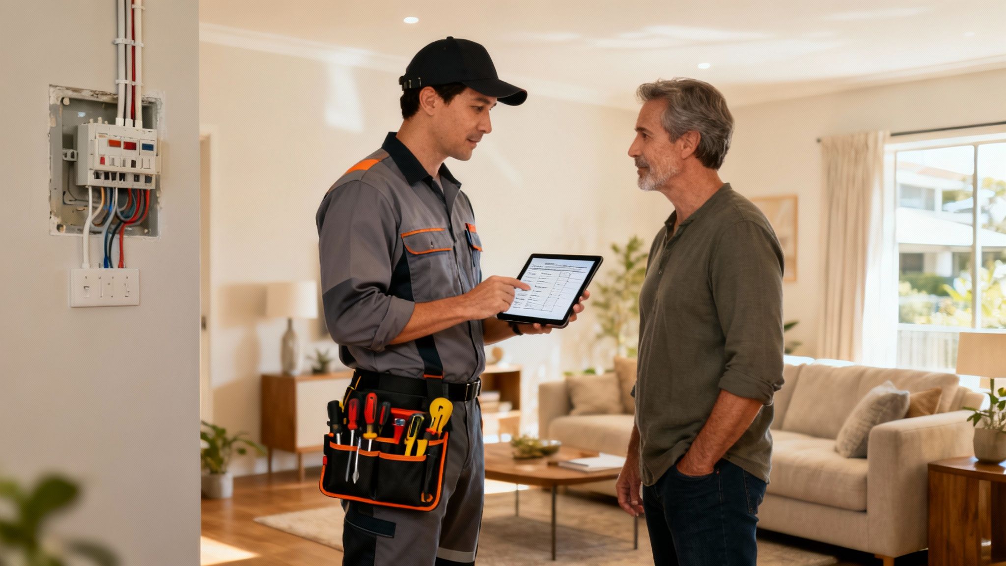 A Professional Electrician In Brisbane Explaining A Repair Plan To A Homeowner.