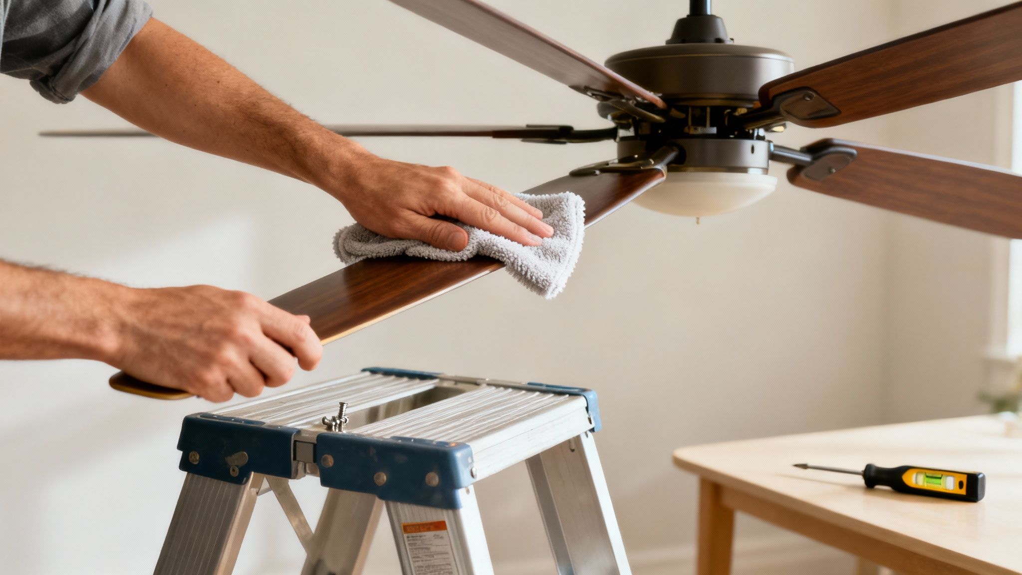 A Person Safely Cleaning Ceiling Fan Blades With A Cloth.