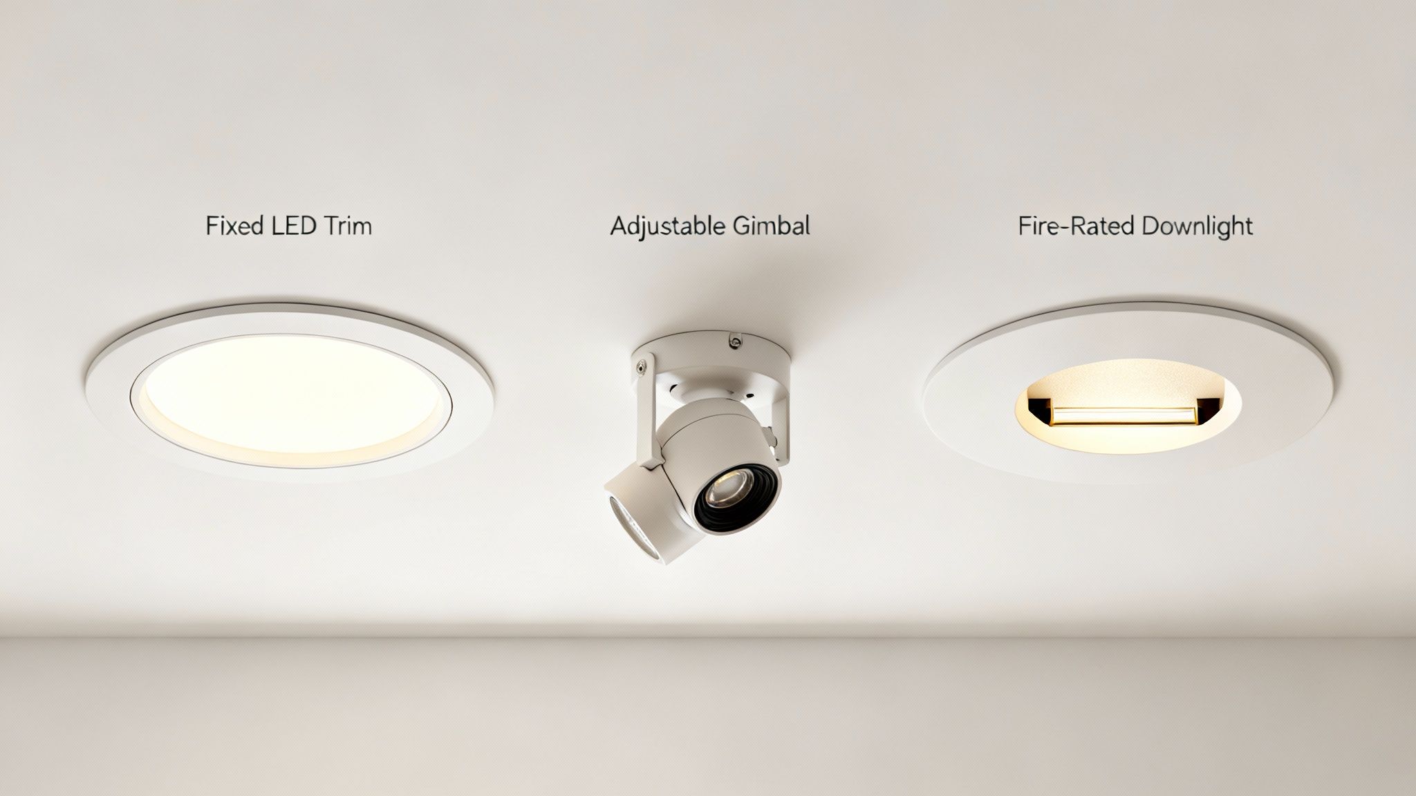 Three Distinct Ceiling Lighting Fixtures: A Fixed Led Trim, Adjustable Gimbal, And A Fire-Rated Downlight.