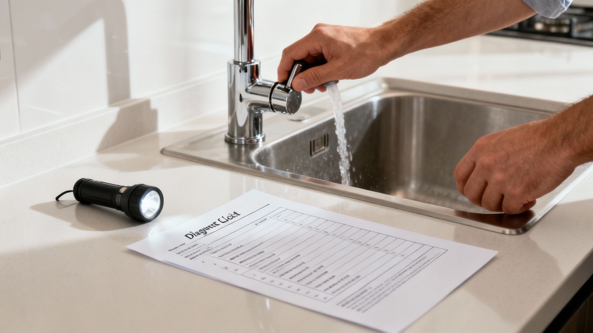 Plumber Checking Kitchen Sink Faucet For Issues With Water Running, A Flashlight, And A Checklist.