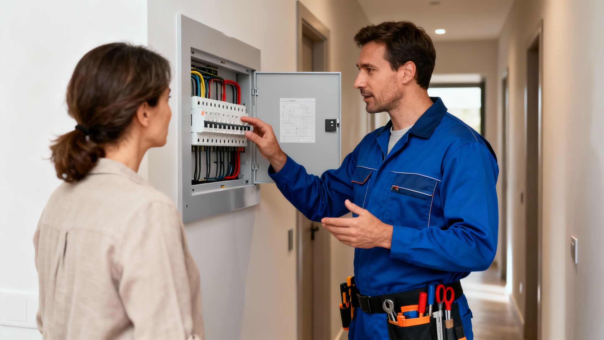 Professional Electrician In Blue Uniform Explains The Electrical Panel To A Client In A Modern Home.