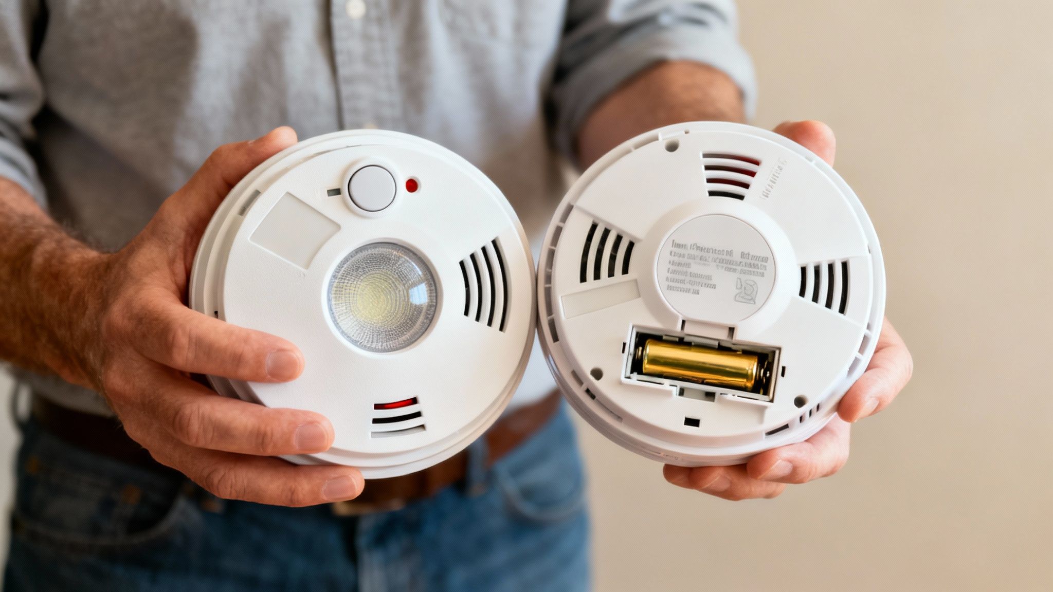 A Person Inspecting A Smoke Detector On The Ceiling