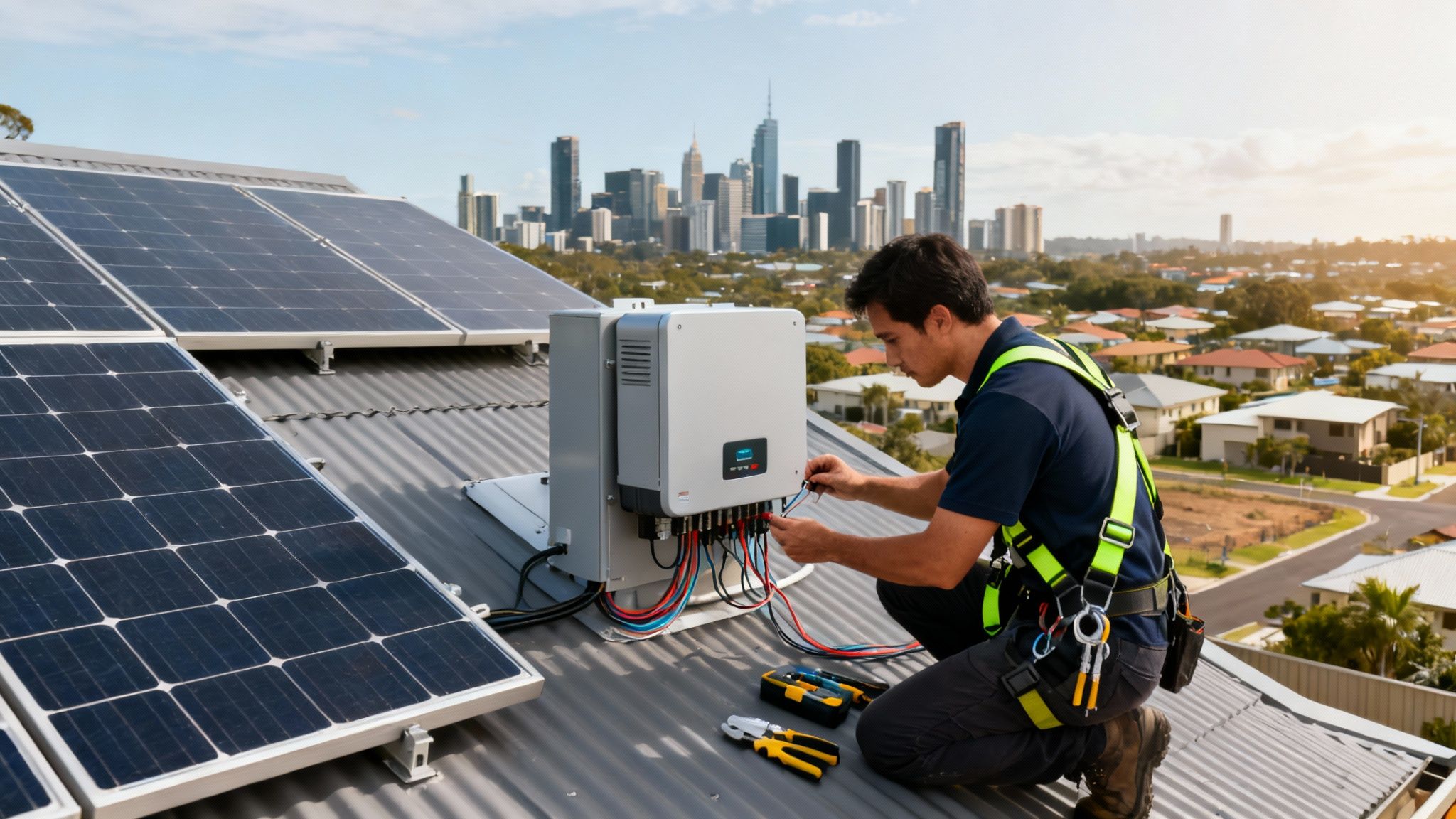 An Electrician Installs A Solar Inverter On A Residential Roof With Solar Panels And A City Skyline.