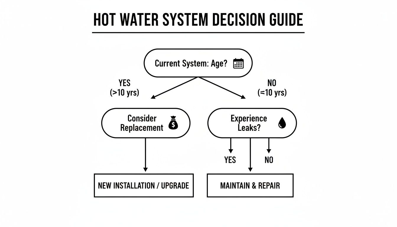 Flowchart Illustrating Decisions For Hot Water System Maintenance, Repair, Or Replacement Based On Age And Leaks.