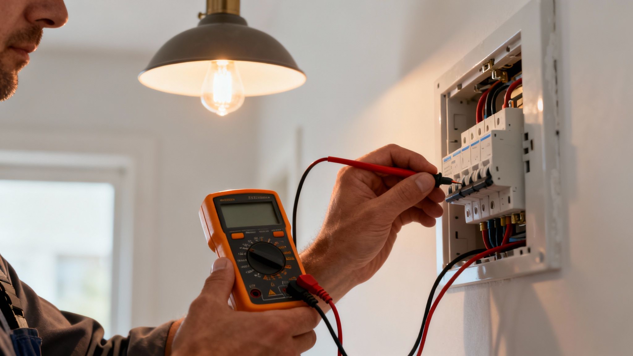 An Electrician Uses A Multimeter To Test A Circuit Breaker Box, Ensuring Electrical Safety.