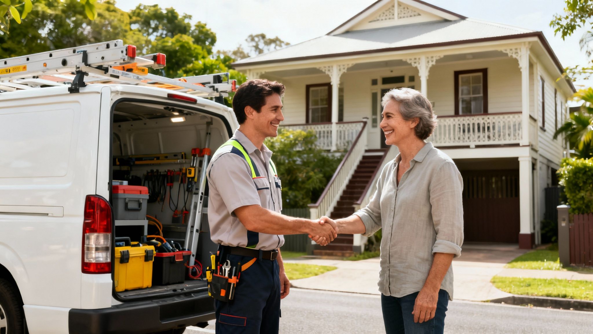 An Electrician Shaking Hands With A Happy Customer In Front Of A House And Service Van.
