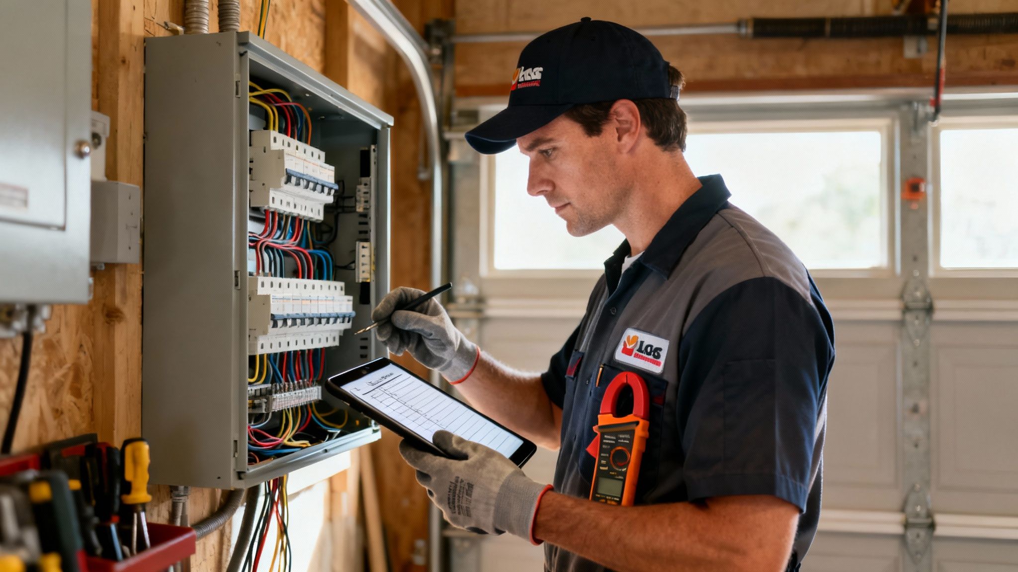 A Male Technician Wearing Gloves And A Cap Works On An Open Electrical Panel, Using A Tablet For Data.