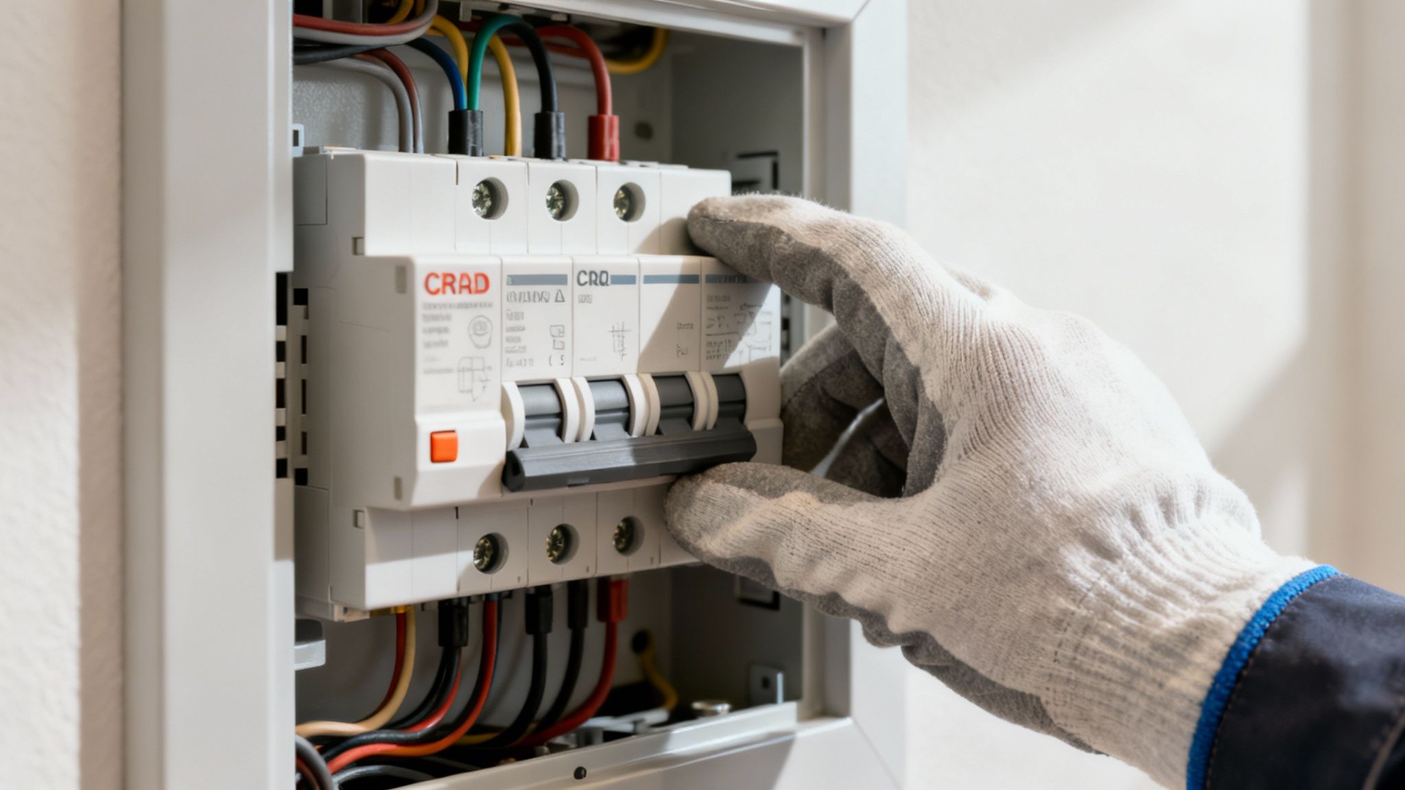 Electrician In Gloves Installing Or Repairing Circuit Breakers In A Residential Electrical Panel.