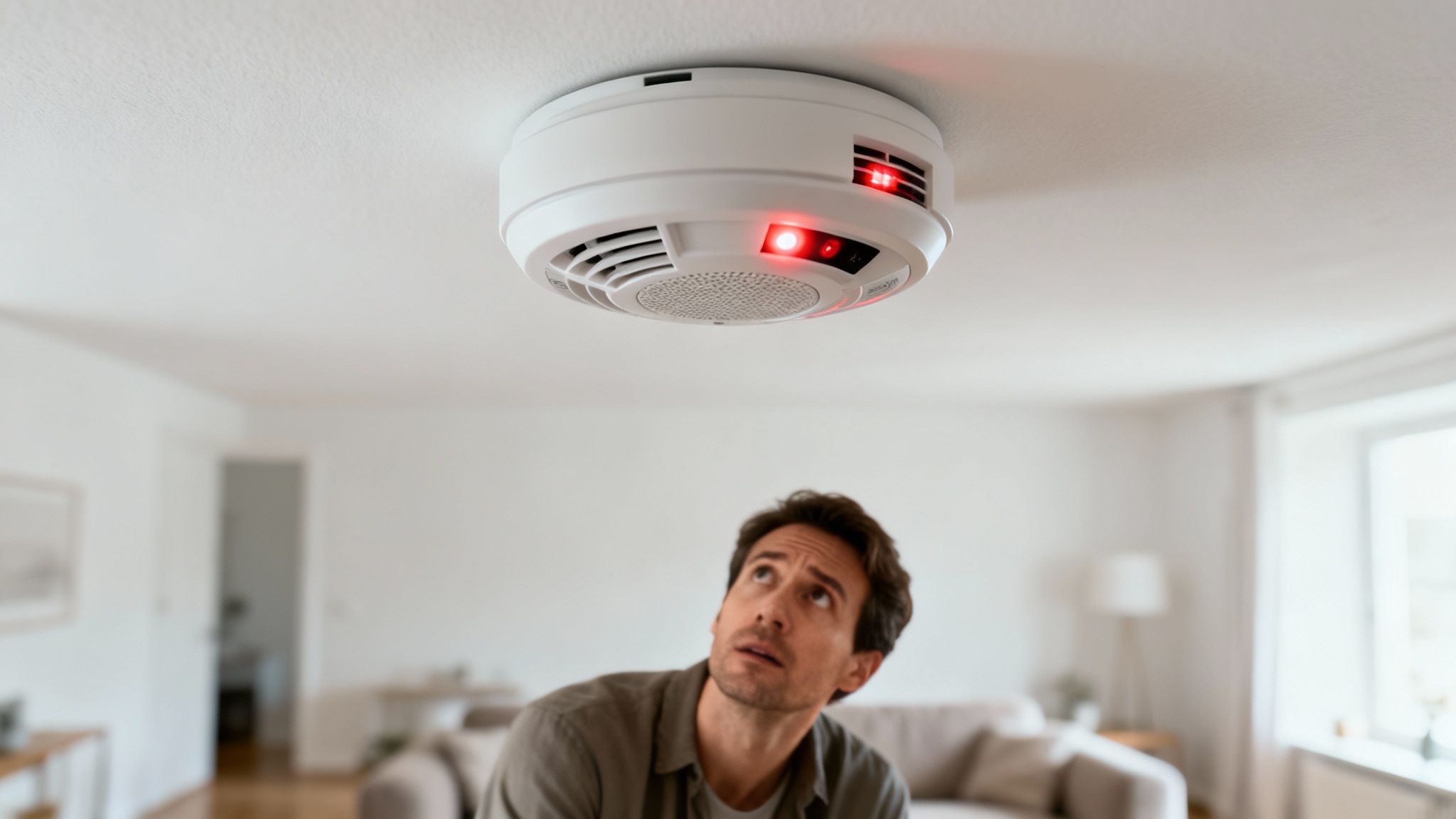 Smoke Alarms Going Off But No Smoke A Troubleshooting Guide 1 A Worried Man Looks Up At A White Smoke Detector On The Ceiling With Red Warning Lights Flashing.