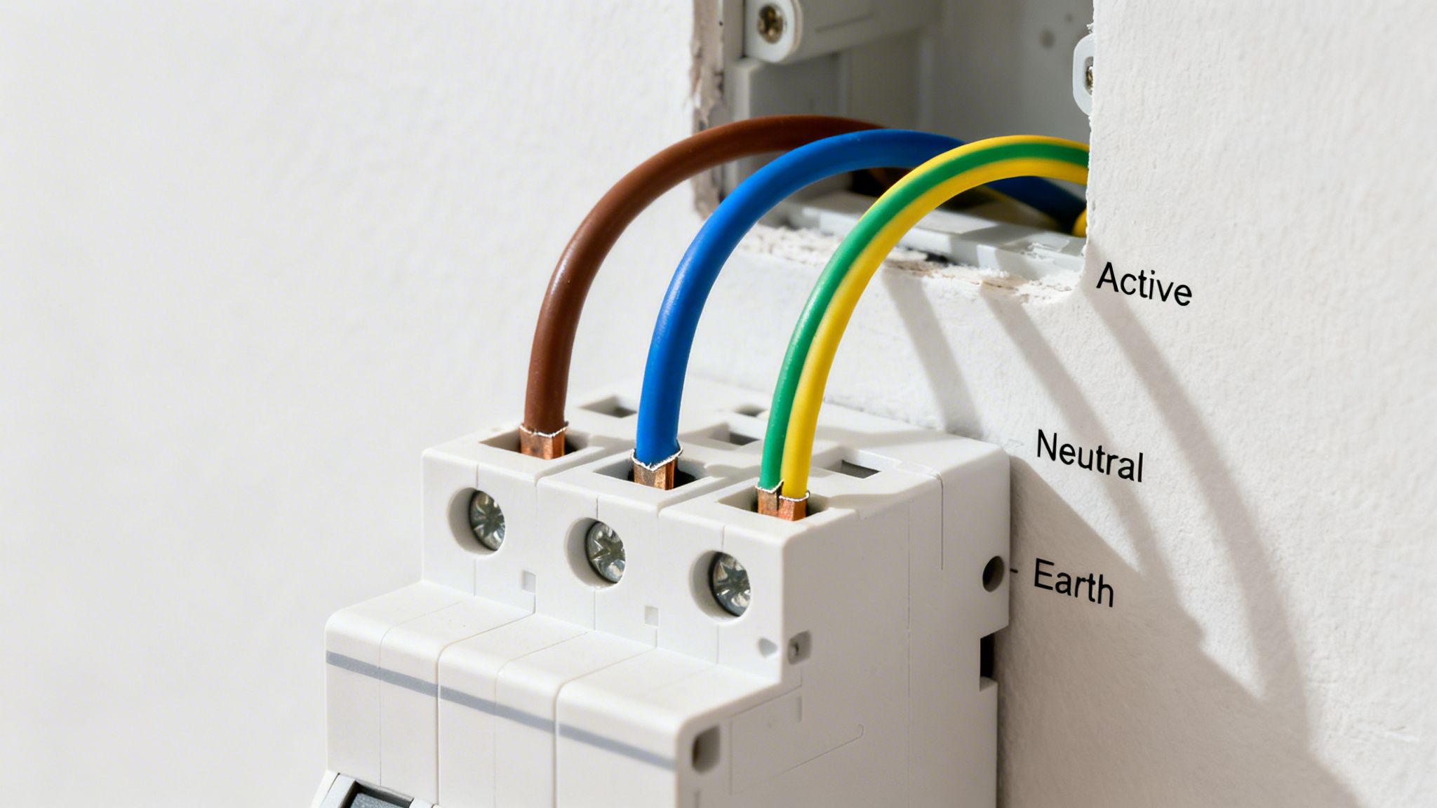 A Homeowner'S Guide To Wiring Colour Codes Australia 2 Close-Up Of Brown, Blue, And Yellow-Green Electrical Wires Connected To A Terminal Block, Labeled Active, Neutral, Earth.