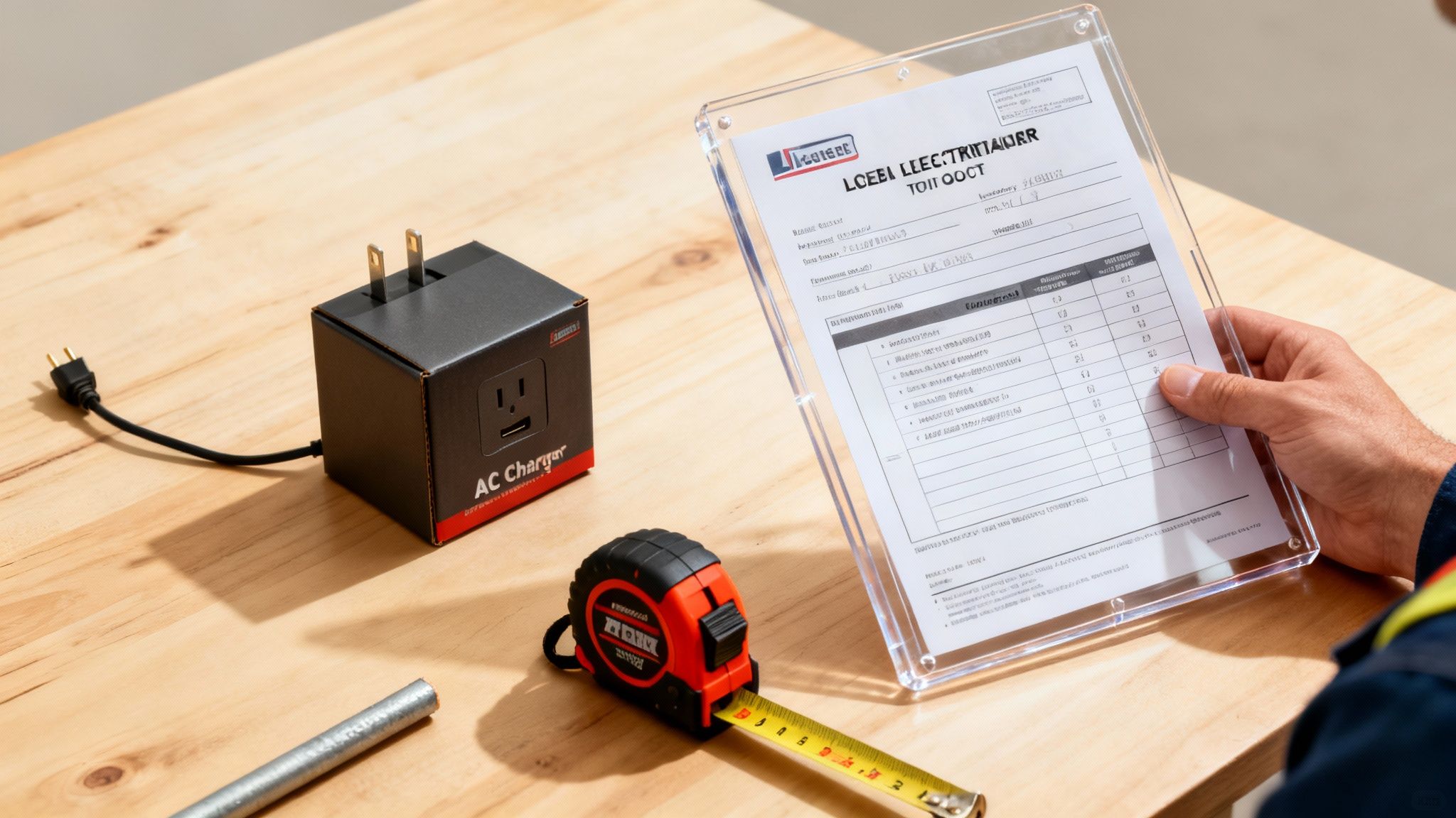 A Person Holds A Clear Clipboard With A Document, Next To An Ac Charger, Tape Measure, And Pipe On A Wooden Surface.