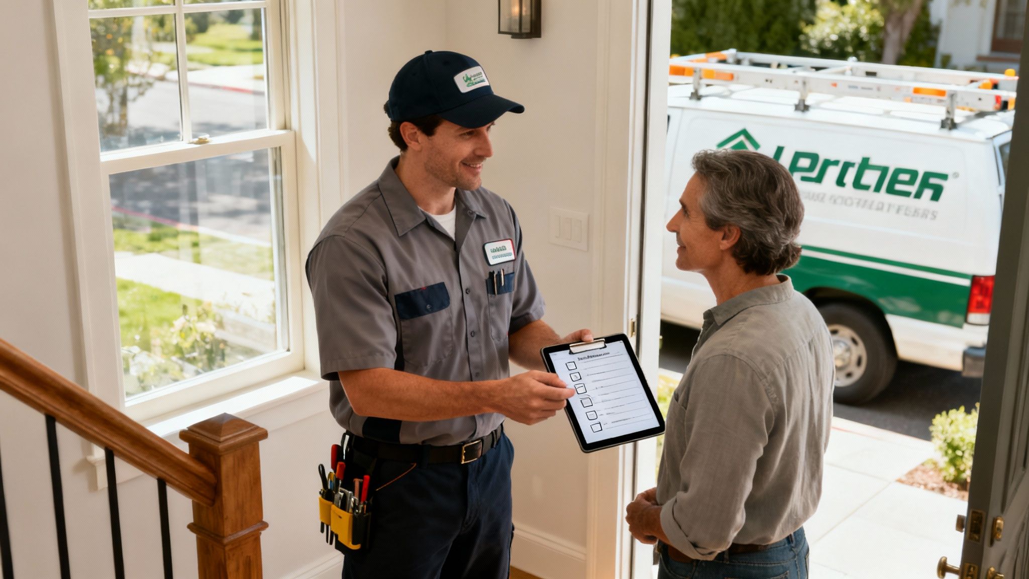 A Professional Service Technician Shows A Checklist On A Tablet To A Homeowner At His Front Door.