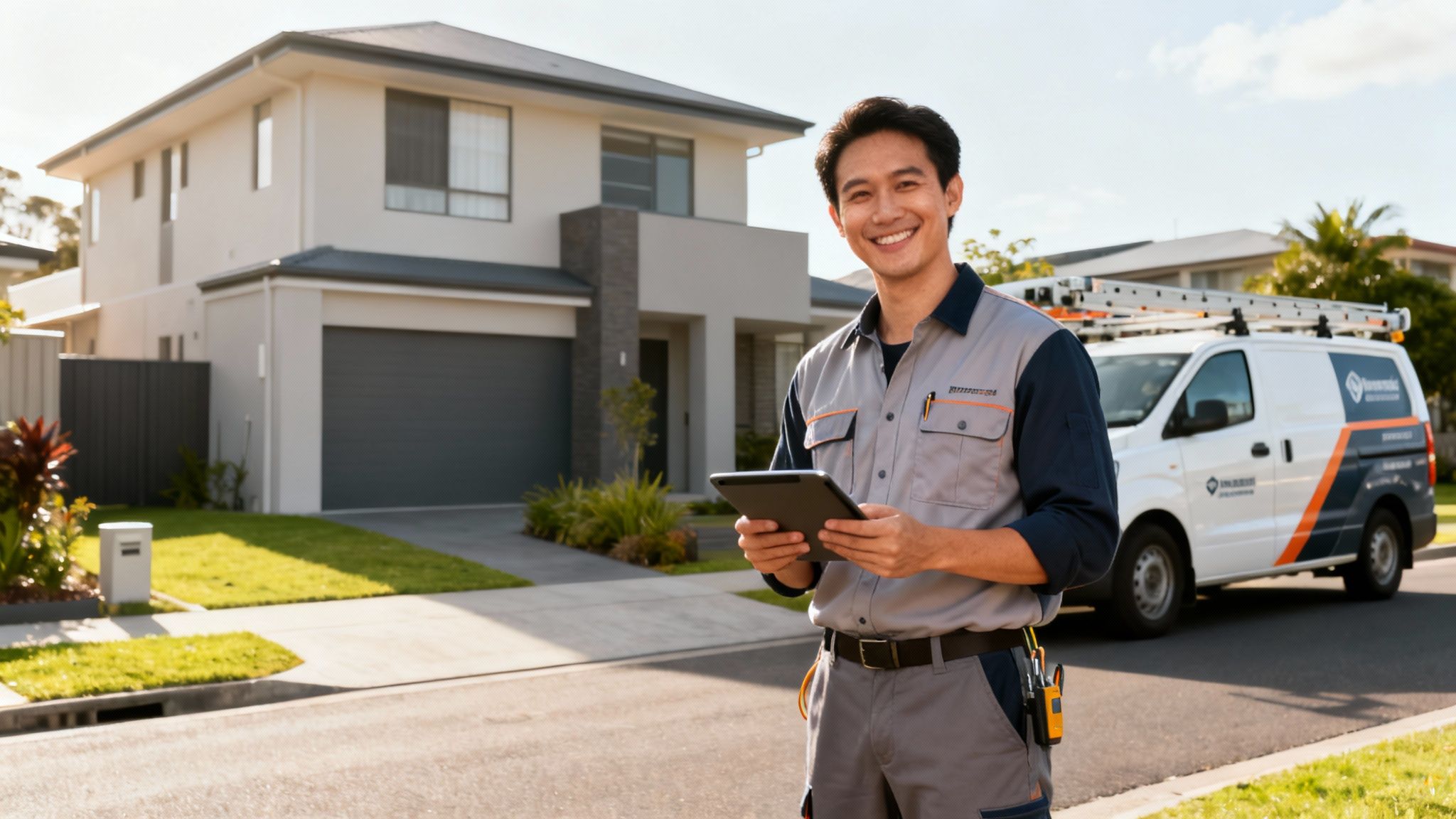 A Smiling Electrician Holds A Tablet In Front Of A Modern House And Service Van.
