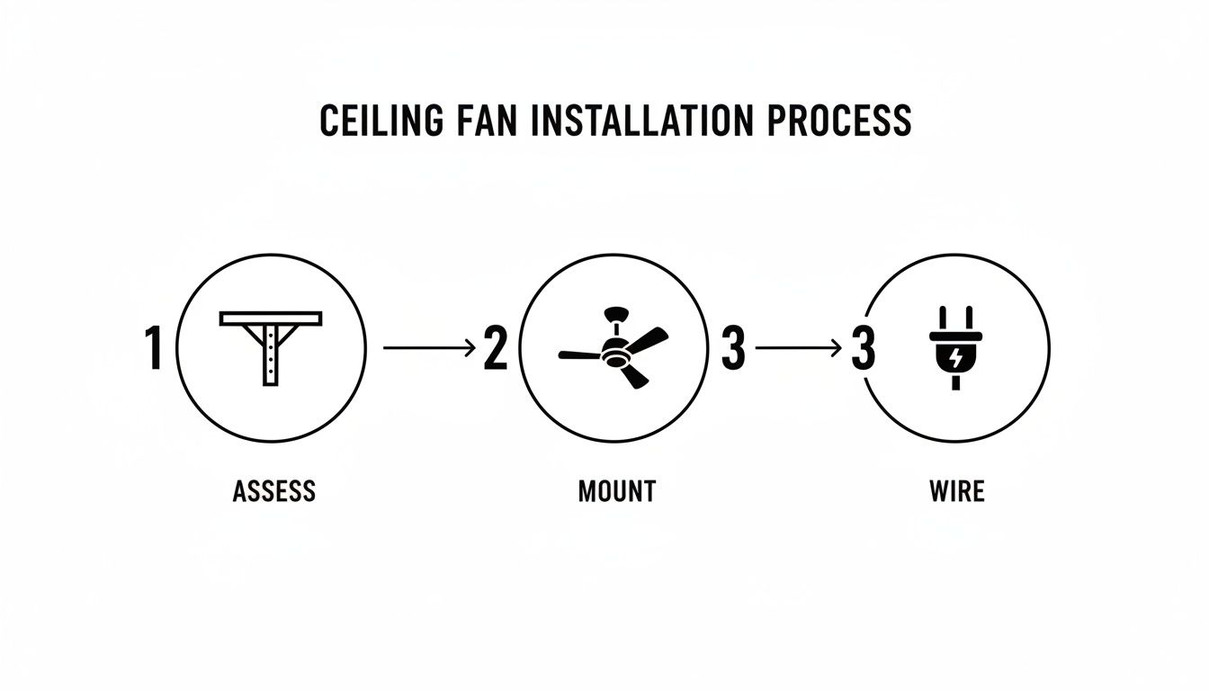 Ceiling Fan Installation Process Diagram Showing Three Steps: Assess, Mount, And Wire.