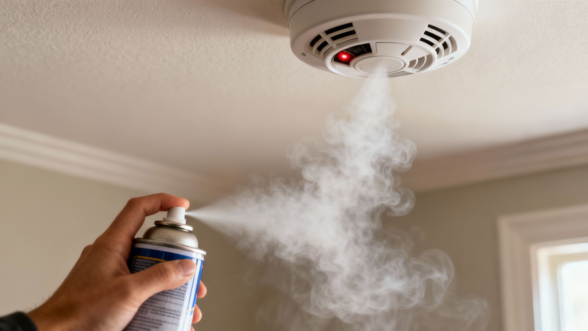 A Hand Pressing The Test Button On A Ceiling-Mounted Smoke Detector