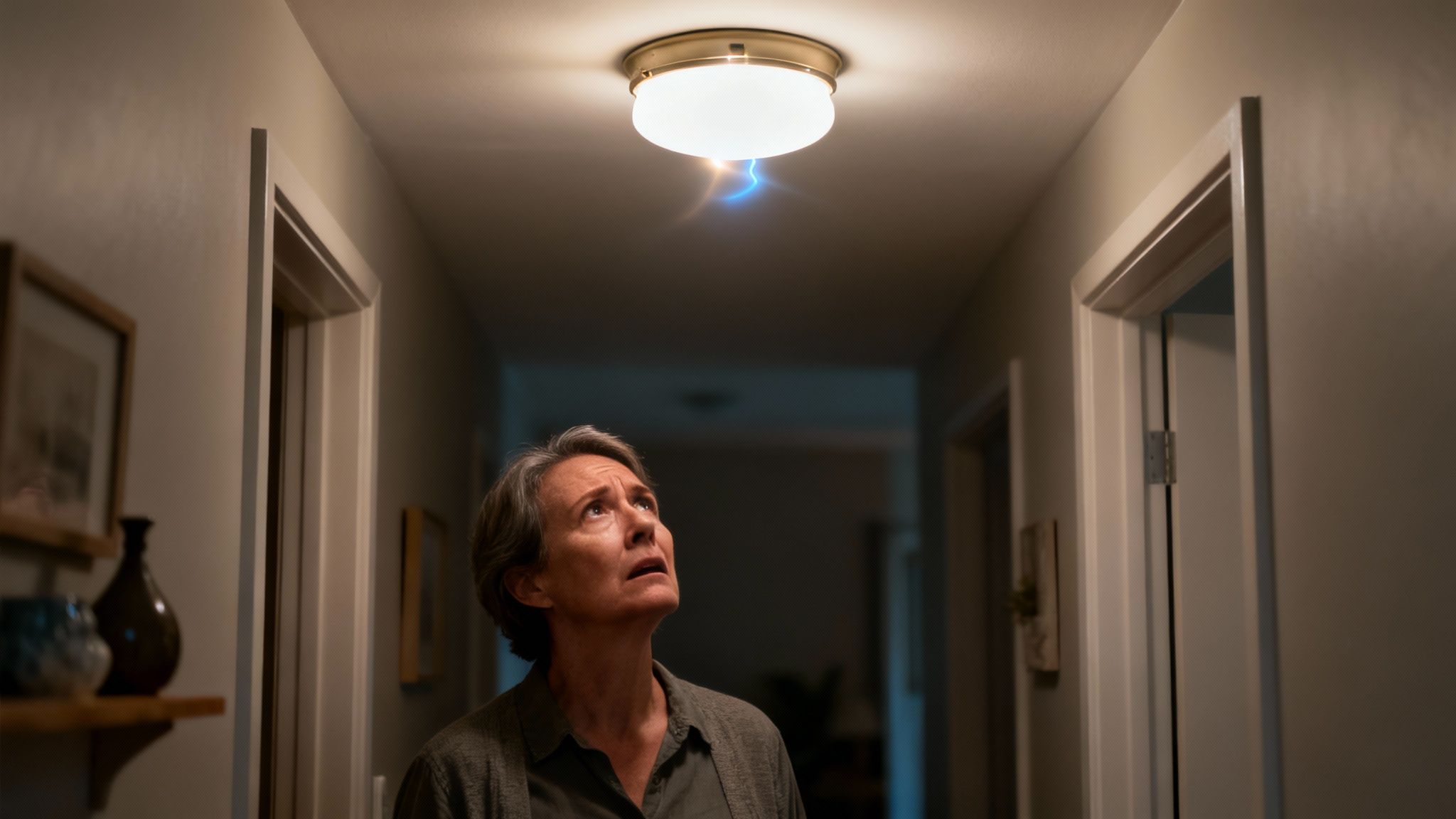 A Concerned Woman Looks Up At A Sparking Ceiling Light Fixture In A Home Hallway.