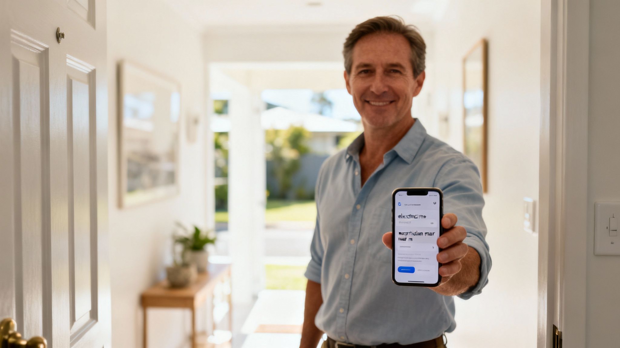 A Smiling Man In A Light Blue Shirt Holds Up A Smartphone In A Bright Home Entryway.