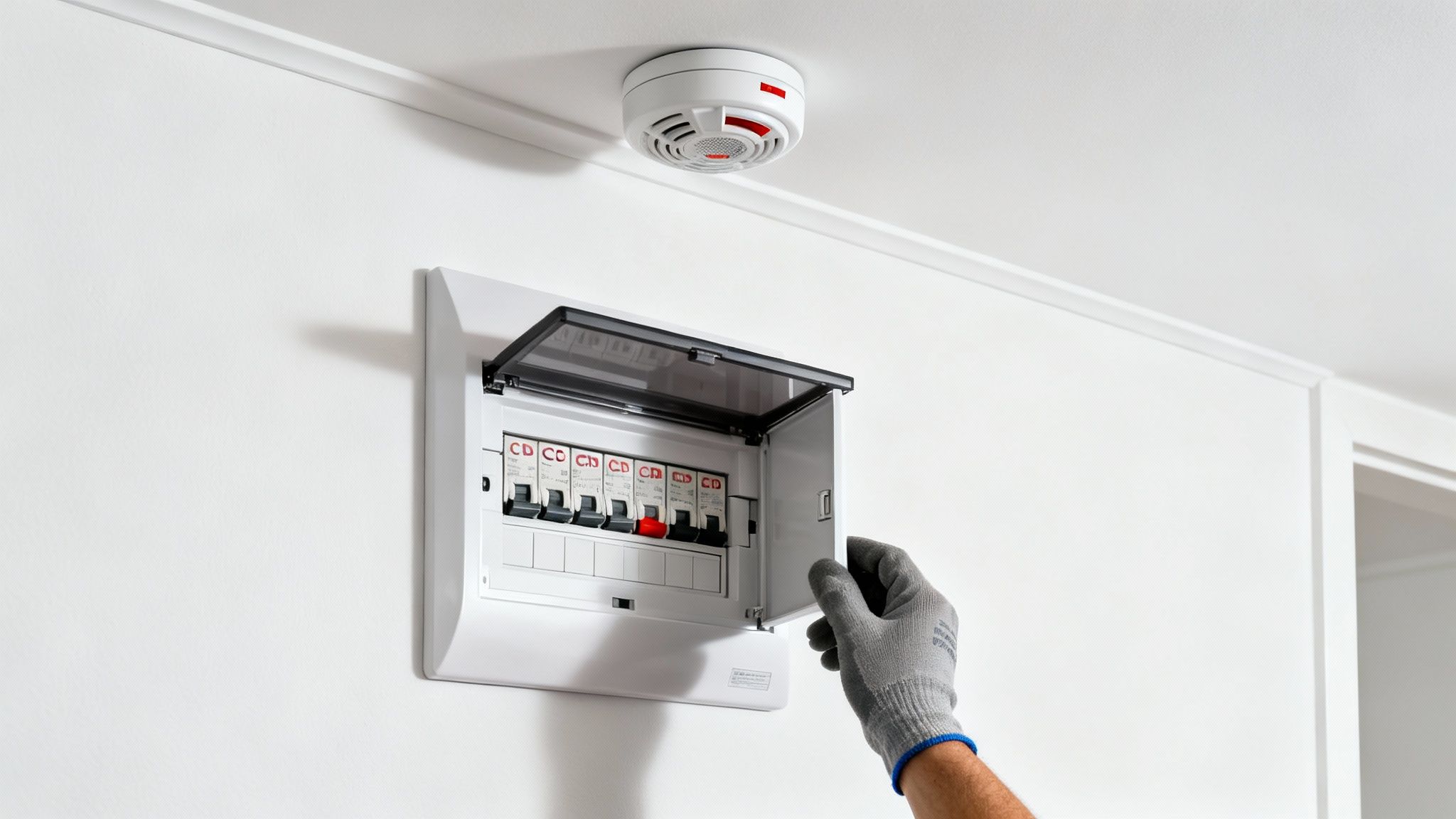 A Person'S Gloved Hand Opens A Modern Electrical Panel, Revealing Circuit Breakers, With A Smoke Detector On The Ceiling.