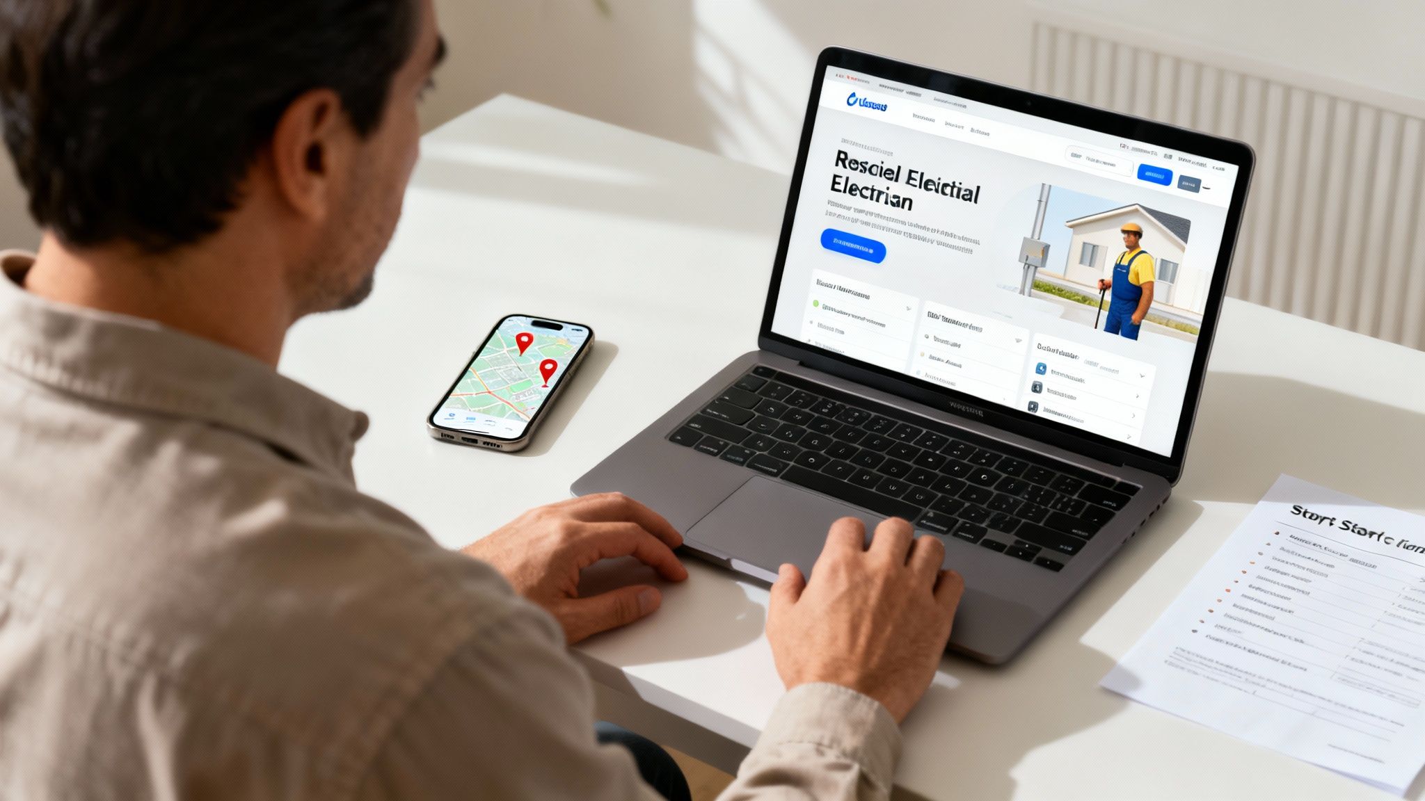Find Residential Electrician Company Near Me: Top Tips To Hire Right 1 Man Viewing A Laptop With An Electrician Website And A Phone Displaying A Map With Location Pins On A Desk.
