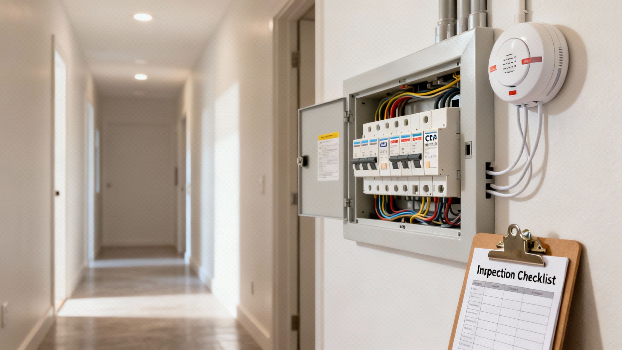 Electrical Panel With Circuit Breakers, Smoke Detector, And Inspection Checklist In A Modern Hallway.