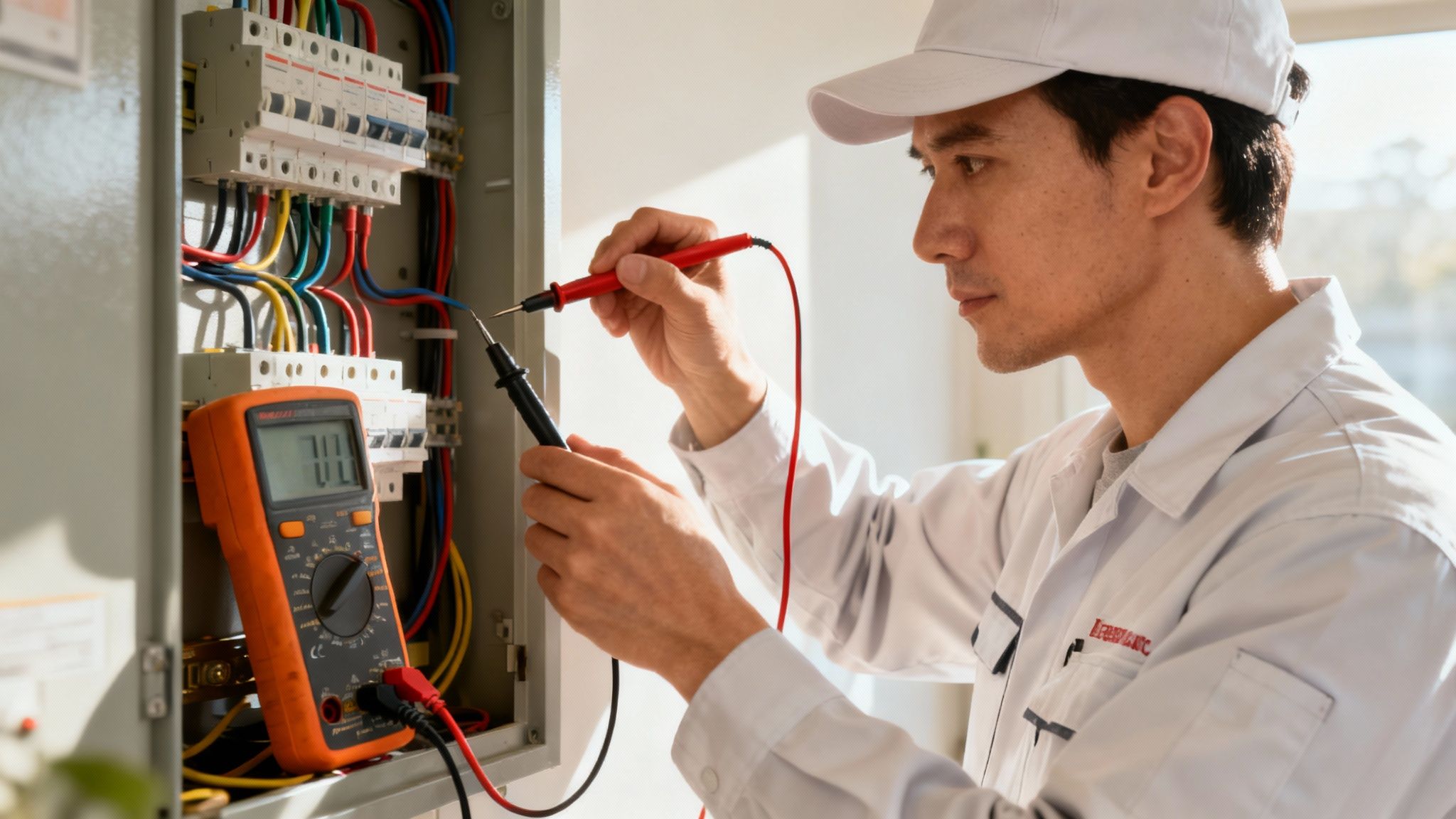 An Emergency Electrician Using A Multimeter To Diagnose A Problem At A Residential Switchboard.