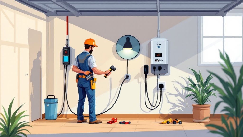 Ev Charger Installed In A Modern Apartment Complex Parking Garage.