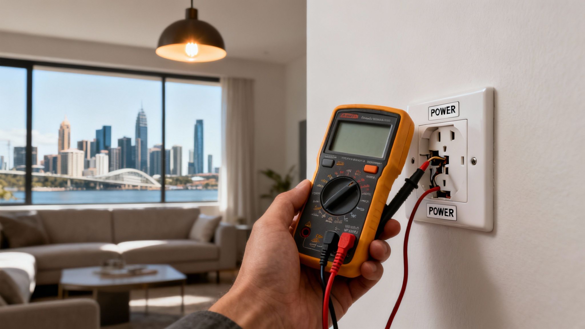 A Hand Holds A Multimeter, Testing A White Electrical Outlet Labeled 'Power' In A Modern Living Room.