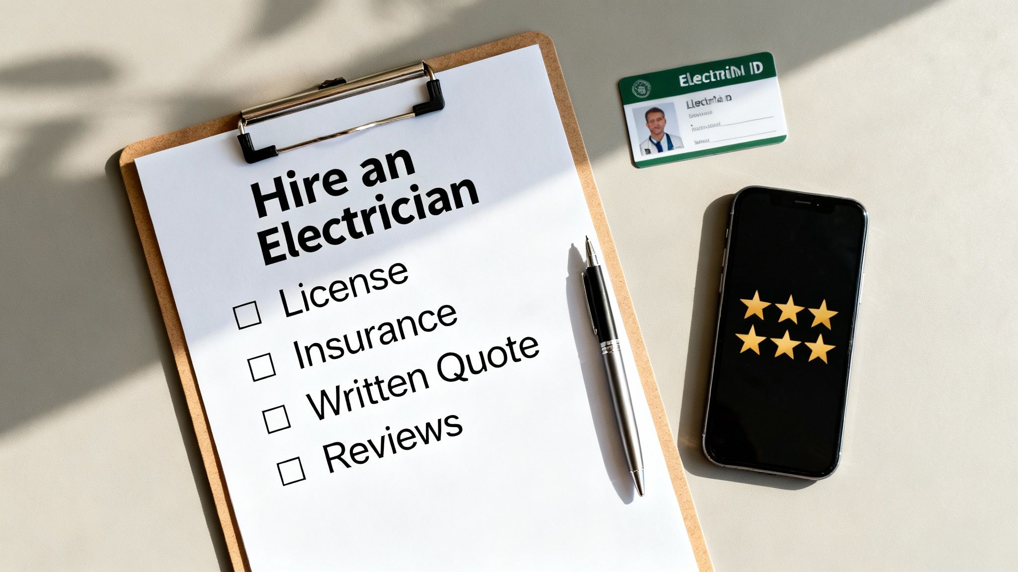 Checklist For Hiring An Electrician With License, Insurance, Written Quote, And Reviews, Next To An Id Card And Phone Displaying 5-Star Ratings.