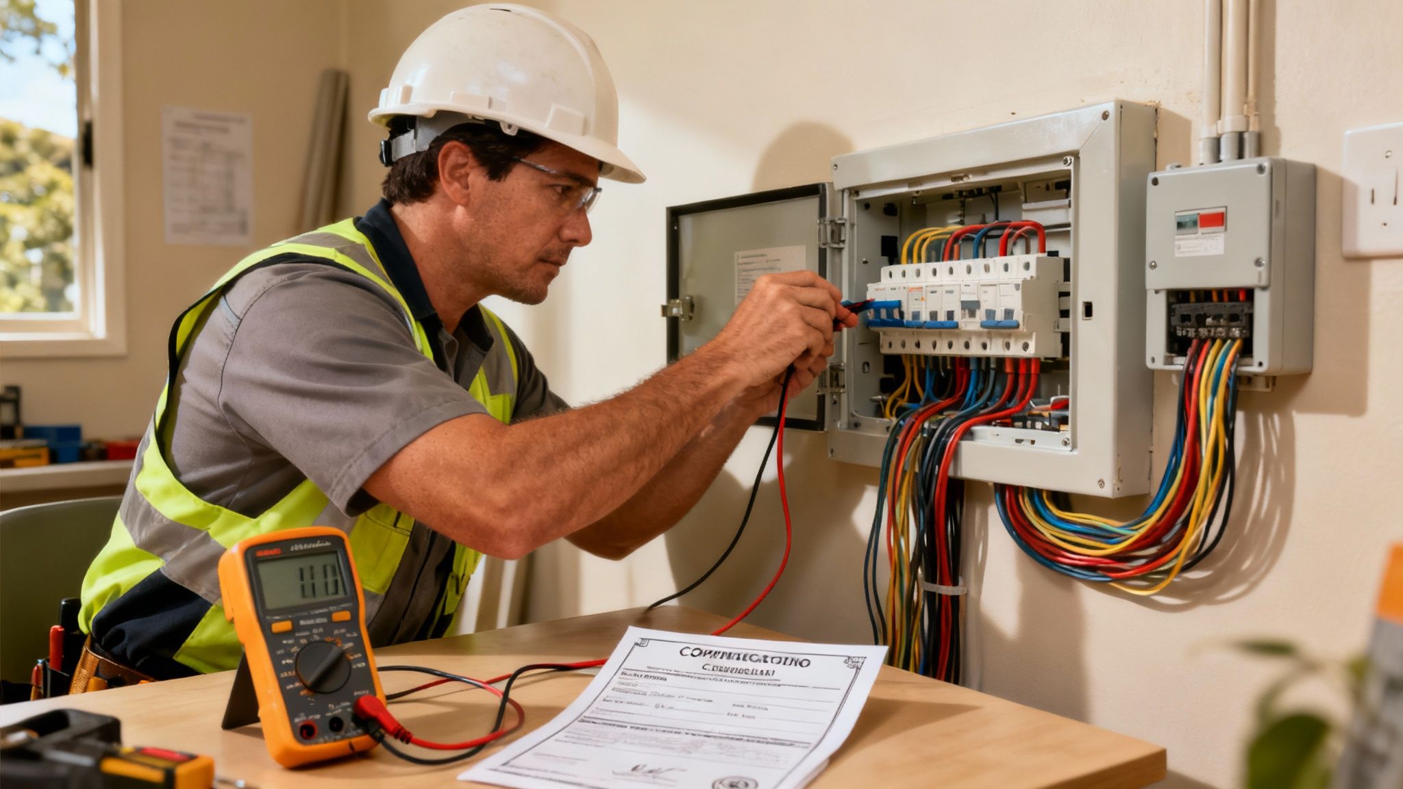 An Electrician Installing A New, Compliant Switchboard In A Residential Home.