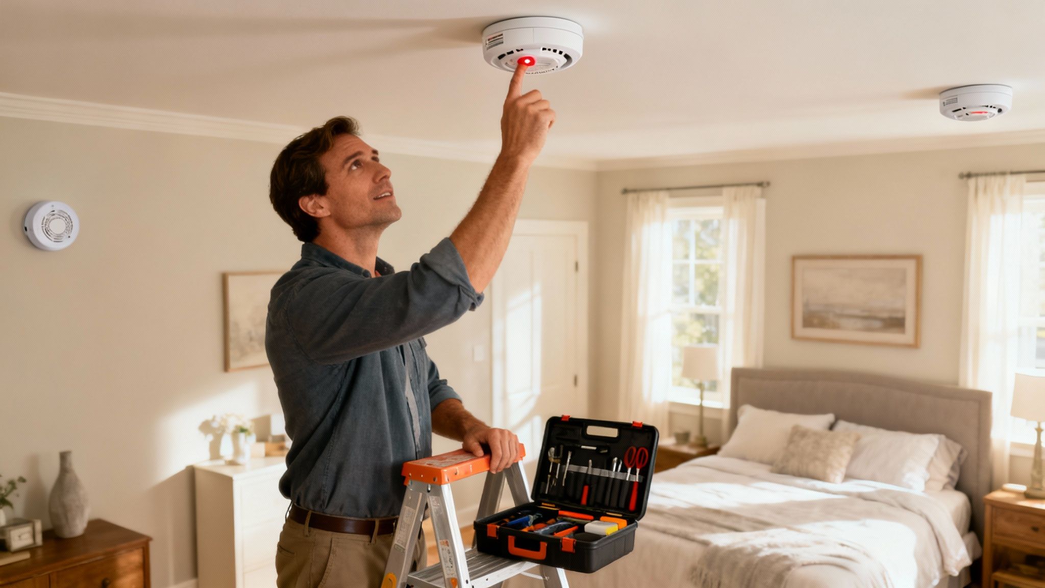 A Person On A Ladder Installing An Interconnectable Wireless Smoke Alarm On A Ceiling.
