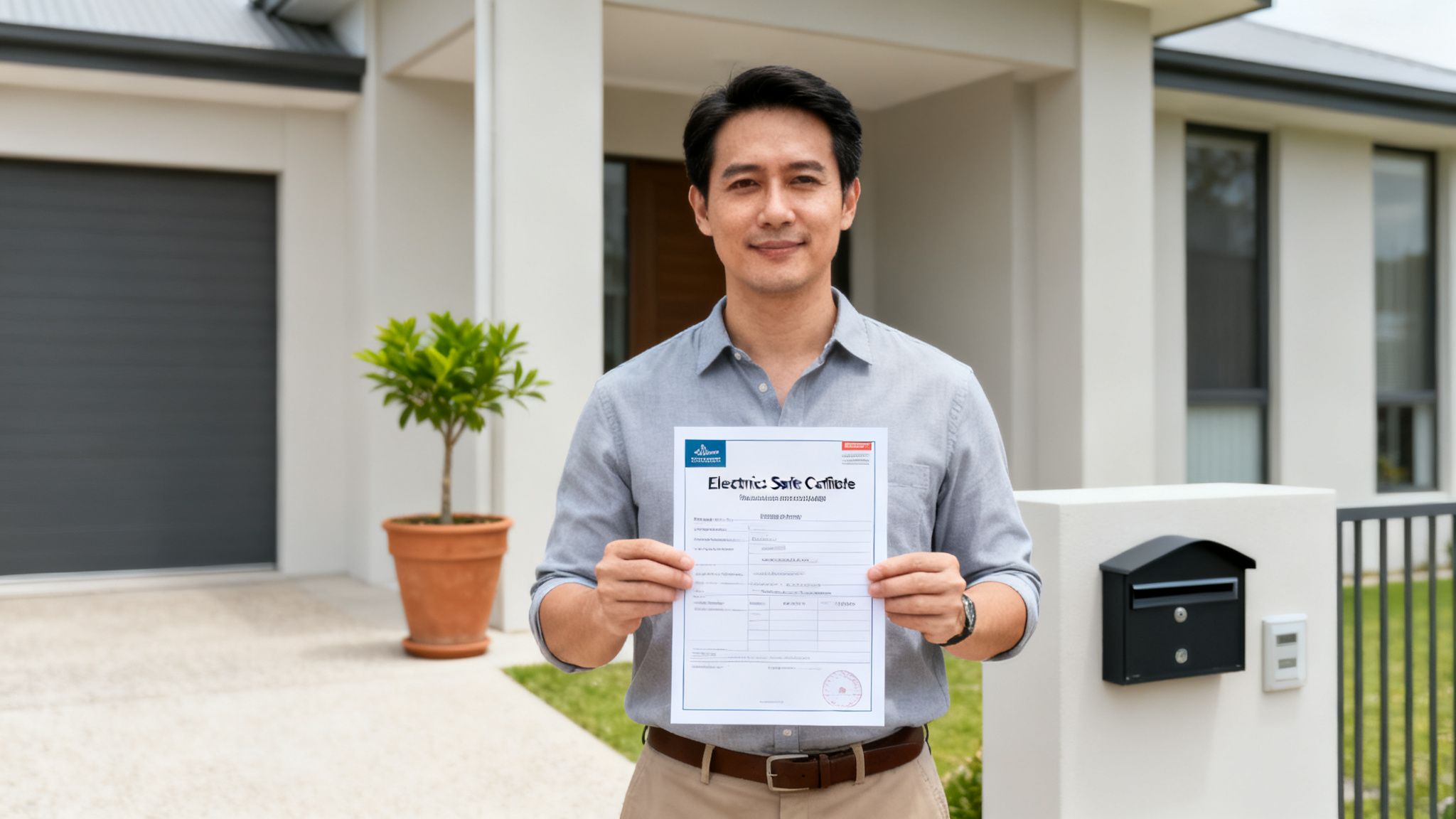 Smiling Asian Man Holding An Electrical Safety Certificate In Front Of A Modern Home.