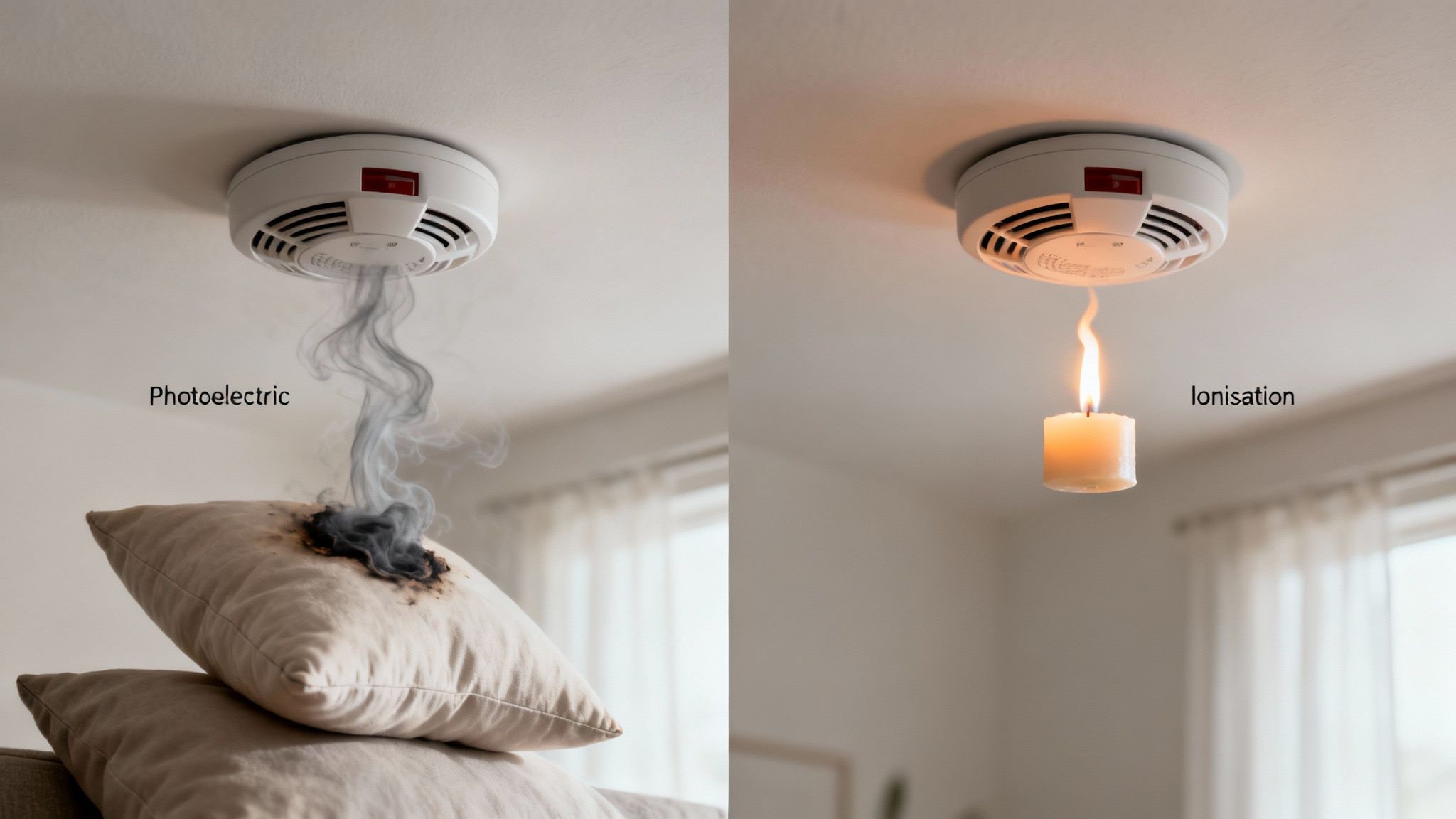 Two Smoke Alarms Demonstrate Photoelectric And Ionisation Detection With Different Smoke Sources.