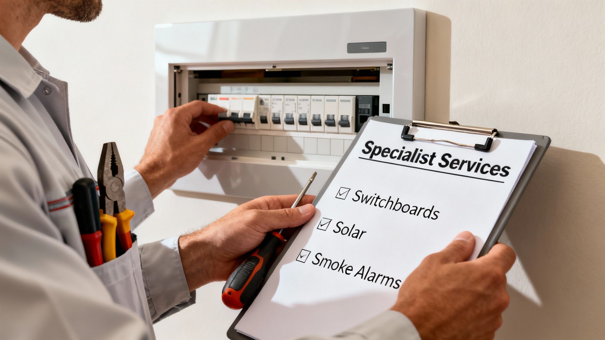 An Electrician Checks A Fuse Box, Holding A Clipboard With Specialist Services Like Switchboards And Solar.