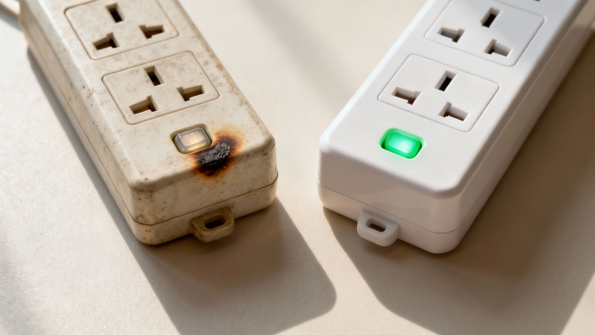 An Old, Dusty Surge Protector With Multiple Plugs Connected, Sitting On A Wooden Floor.