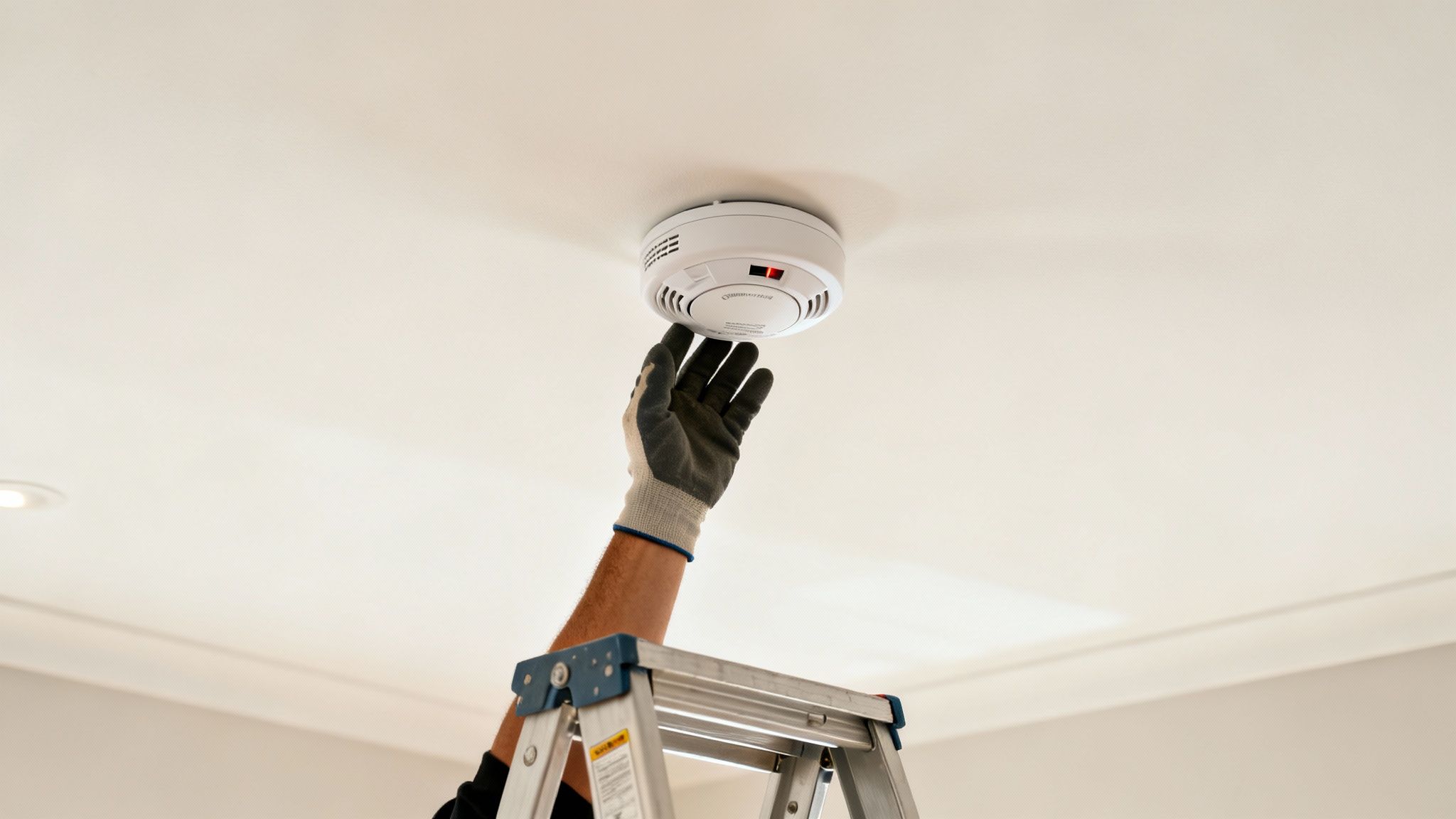 A Gloved Hand Reaches Up To Install Or Inspect A White Smoke Detector On A Ceiling.