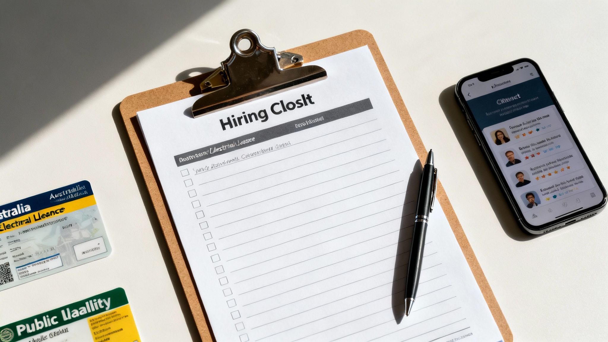 Hiring Checklist For Electrician Recruitment With Electrical Licence, Public Liability Insurance, And Smartphone Showing Ratings