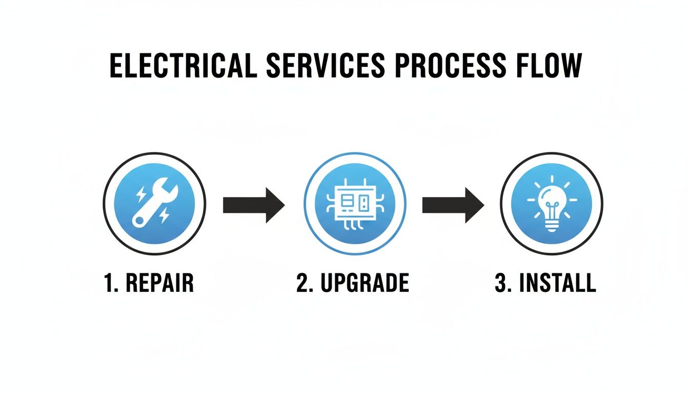 An Electrical Services Process Flow Chart Illustrating Three Steps: Repair, Upgrade, And Install With Relevant Icons.