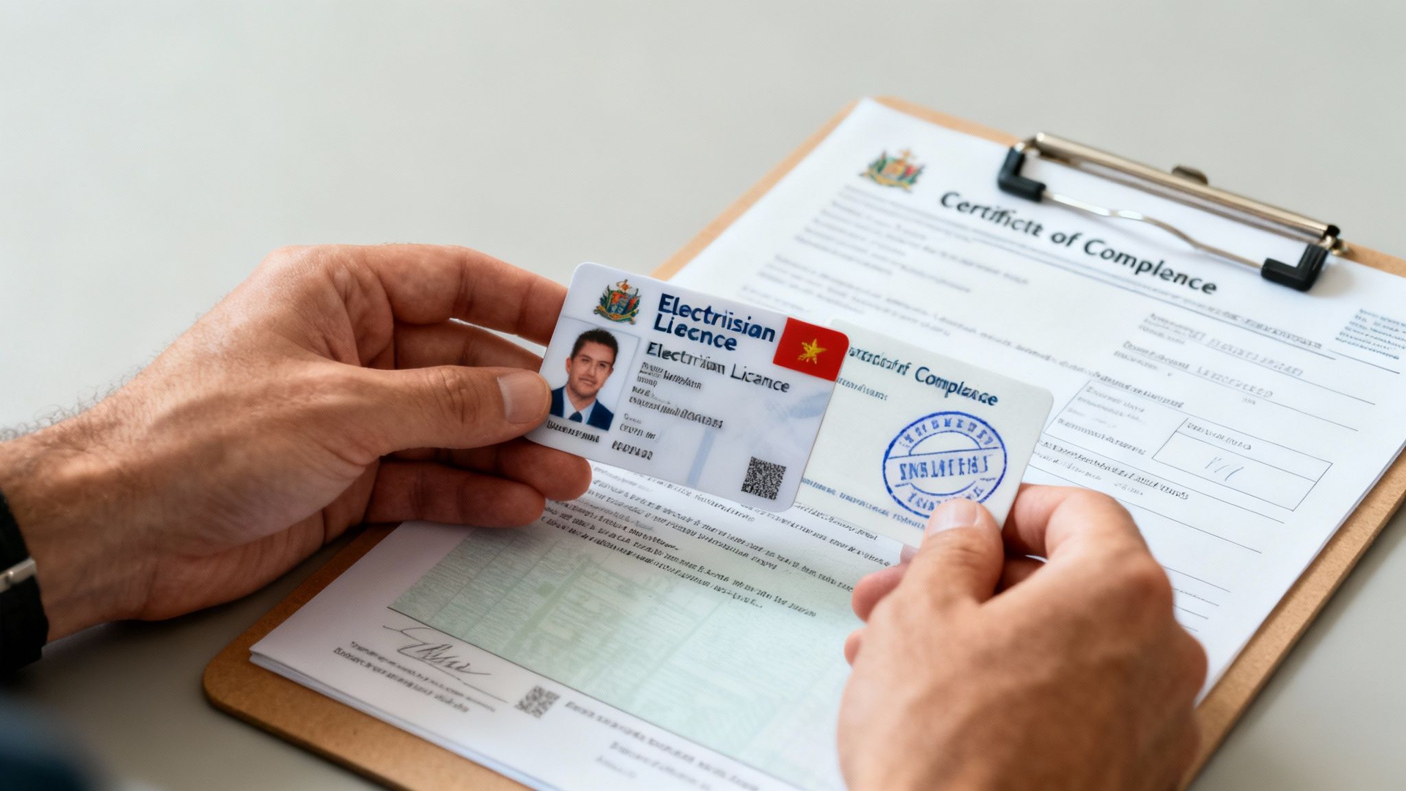 Find Residential Electrician Company Near Me: Top Tips To Hire Right 2 Hands Holding An Electrician License Card Over A Certificate Of Compliance On A Clipboard.