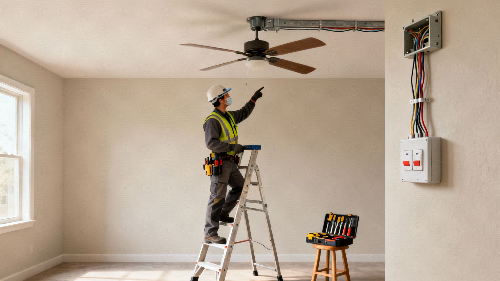 An Electrician In Safety Gear Installing A Ceiling Fan, With Tools And Wiring Visible.