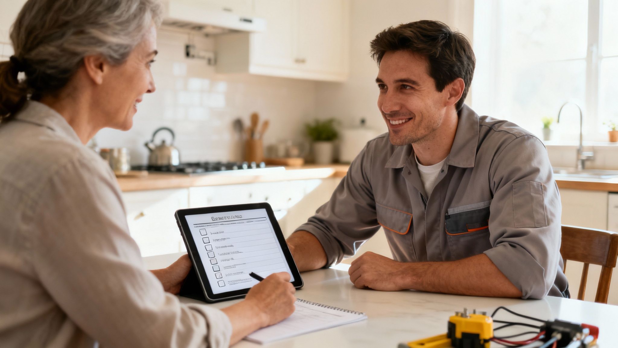 Find Residential Electrician Company Near Me: Top Tips To Hire Right 3 A Smiling Electrician Discusses Services With A Homeowner In A Bright, Modern Kitchen.