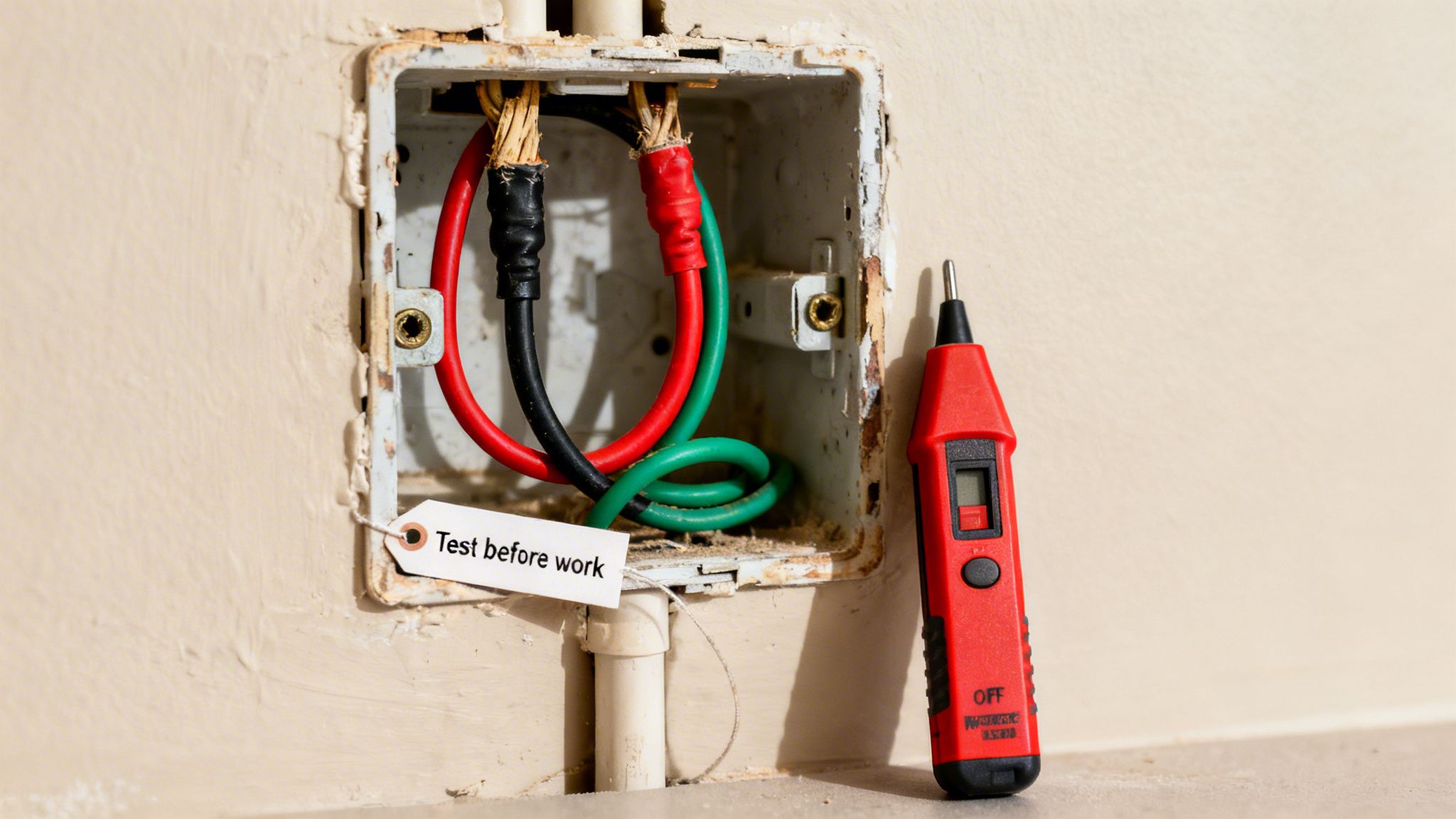 A Homeowner'S Guide To Wiring Colour Codes Australia 3 An Open Electrical Box With Red, Black, And Green Wires, A Voltage Tester, And A 'Test Before Work' Tag.