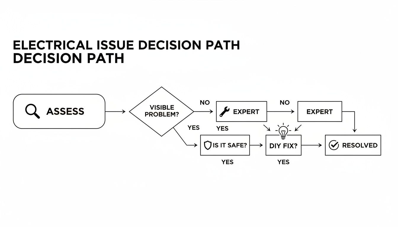 Flowchart Diagram Outlining The Decision Path For Troubleshooting Electrical Issues, Including Assessment, Safety, And Repair Options.