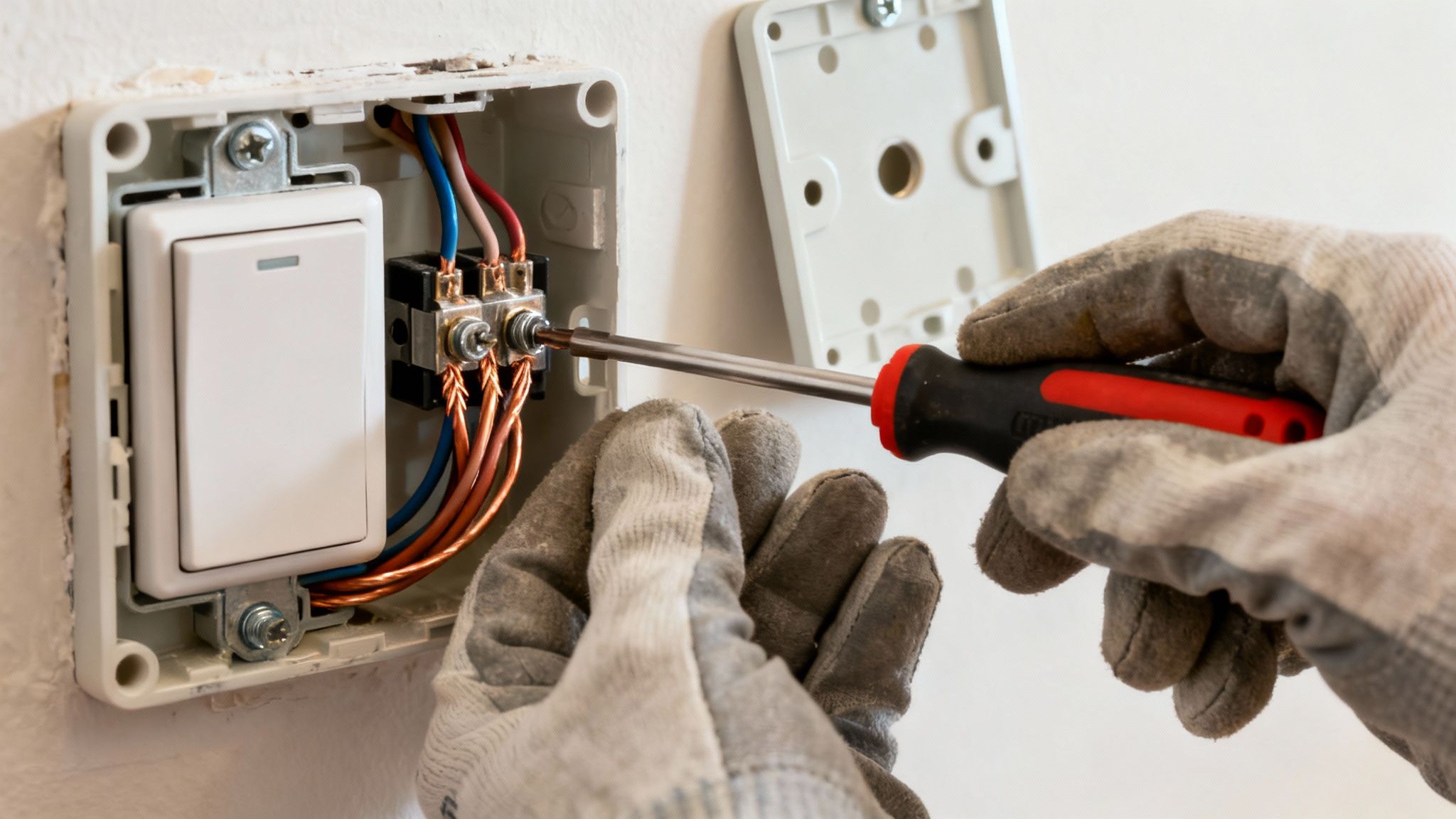 A Close-Up Shot Of An Electrician'S Hands Stripping Insulation From A Red Electrical Wire Using Wire Strippers.