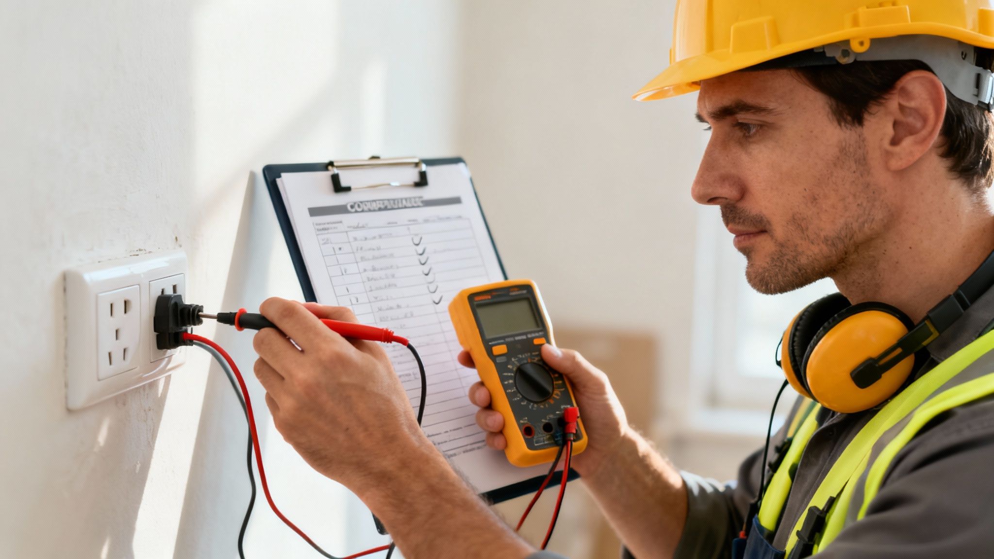 A Skilled Electrician Performs An Electrical Safety Check On An Outlet With A Multimeter.