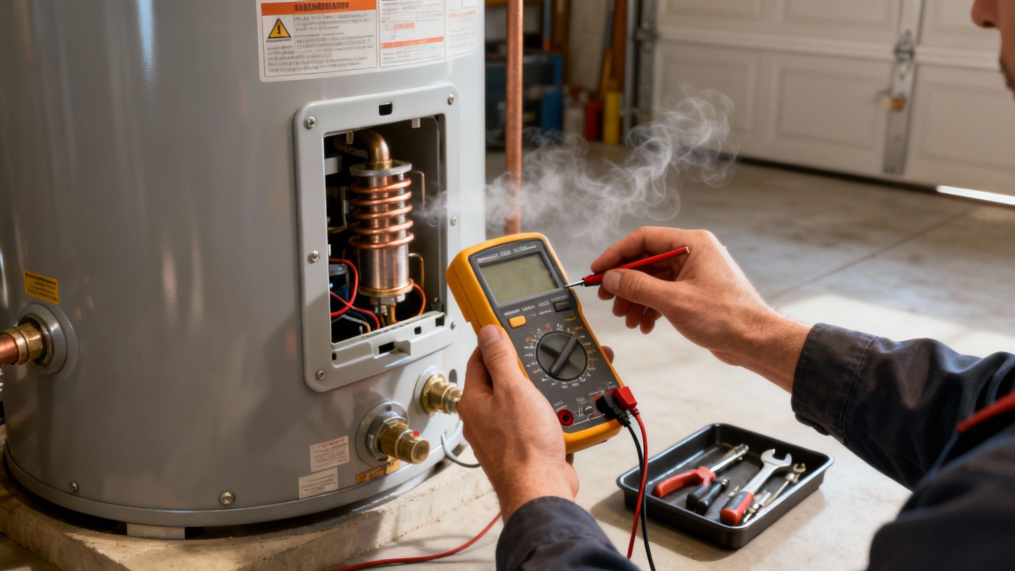 A Technician Uses A Multimeter To Inspect A Steaming Hot Water Tank During Service.