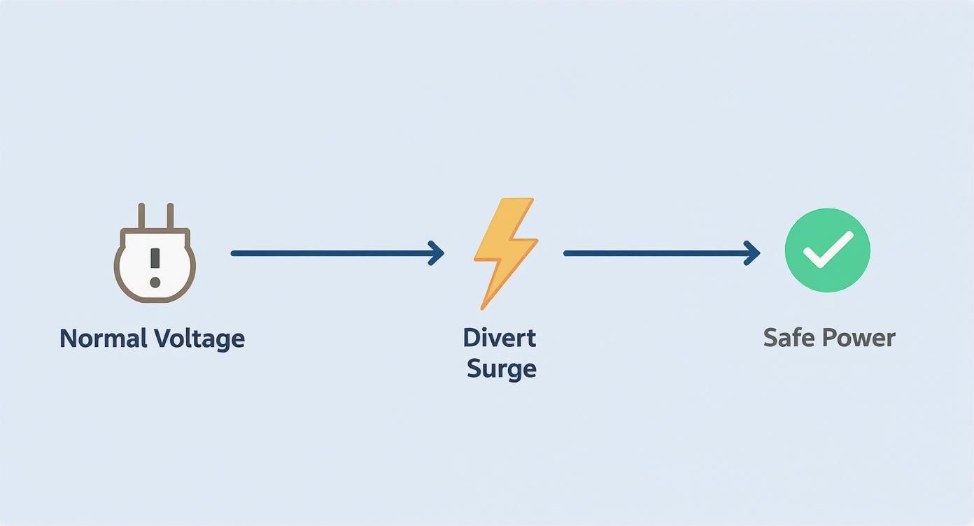 Infographic Showing A Decision Tree For Surge Protection, Starting With Normal Voltage, Then Showing Two Paths For 'Surge' (Divert) And 'No Surge' (Safe Power).