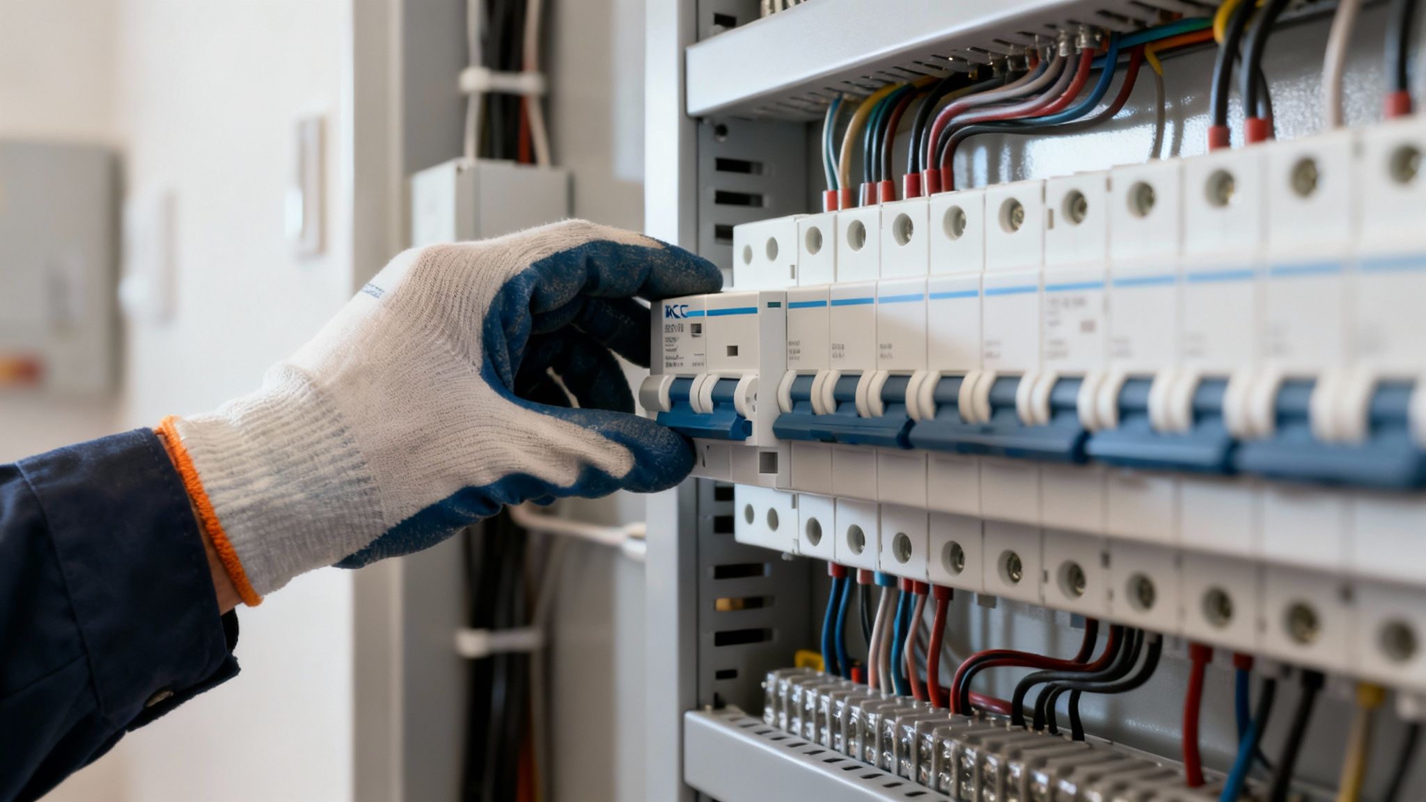 A Gloved Hand Adjusts A Circuit Breaker In A Row Of Electrical Switches Within A Power Distribution Board.